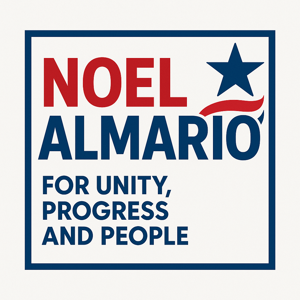 Political campaign sign supporting Noel Almario with a patriotic theme, featuring a blue star and red, white, and blue colors, that reads 'Noel Almario for Unity, Progress and People.'