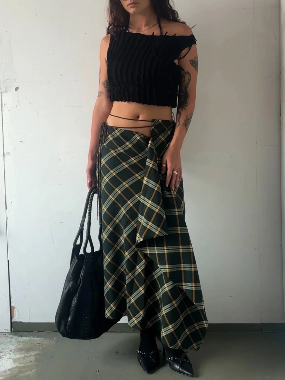 YOHJI YAMAMOTO 2002 AW CHECK ASYM MAXI SKIRT WITH TIE WAIST
