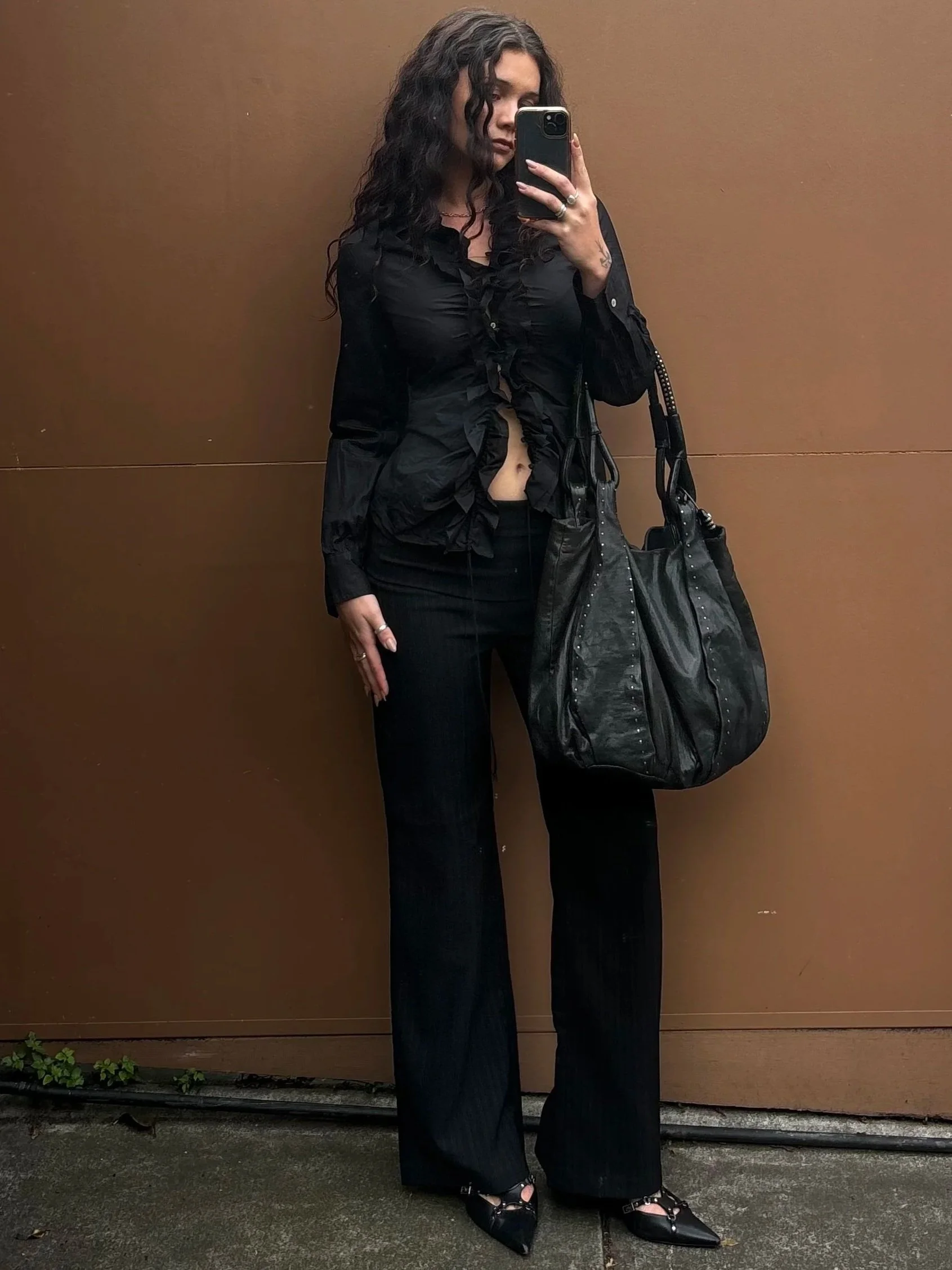 DKNY RUFFLE FRONT LONG SLEEVE SHIRT