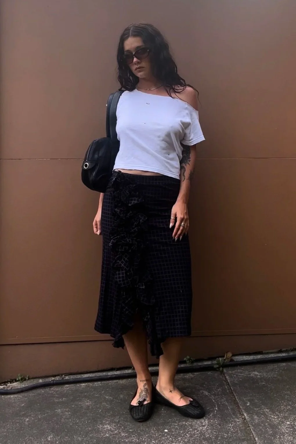 ISSEY MIYAKE BROWN CHECK MIDI SKIRT WITH RUFFLE FEATURE