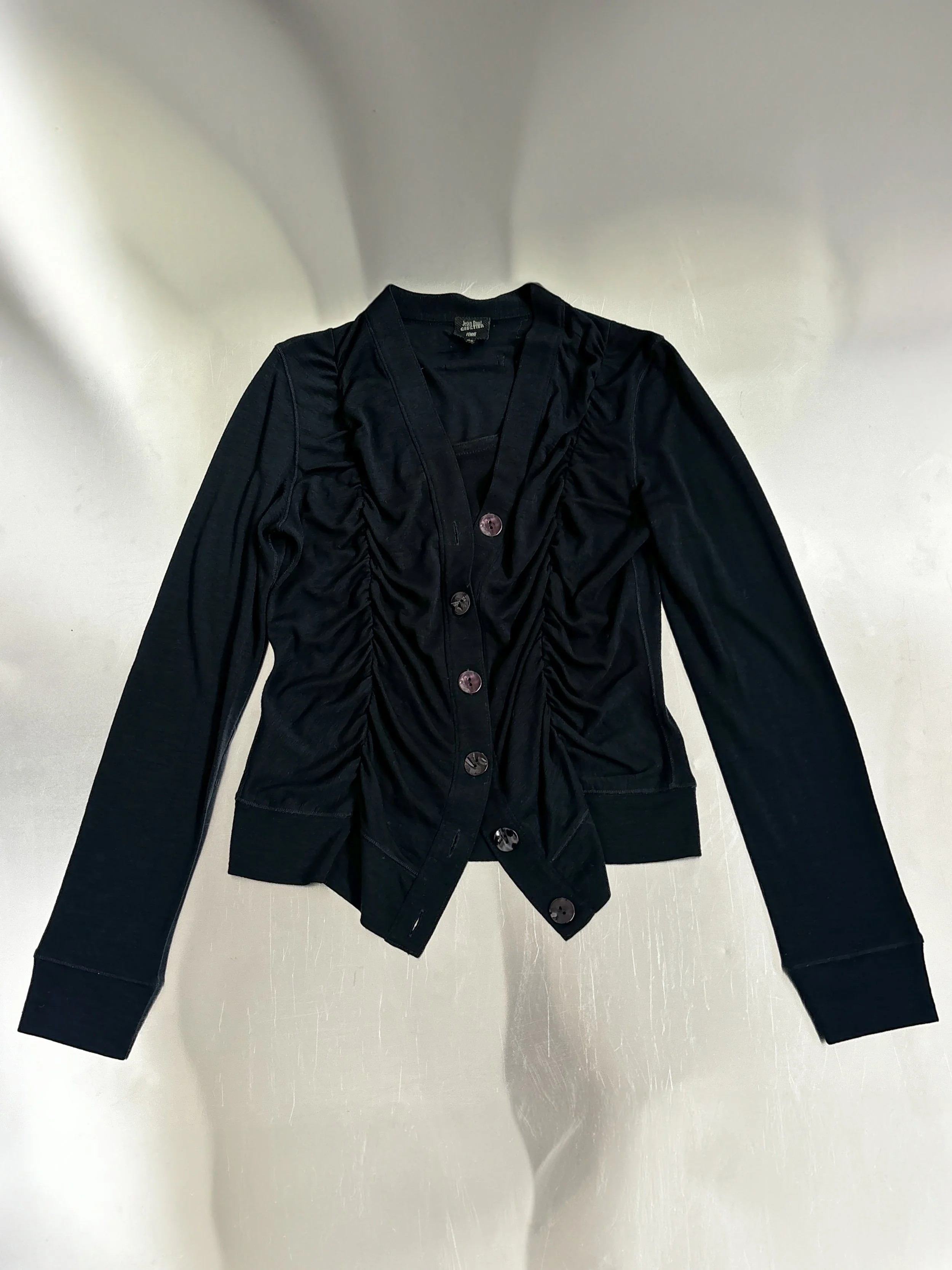 90’S VINTAGE JEAN PAUL GAULTIER GATHERED FRONT WOOL KNIT CARDIGAN
