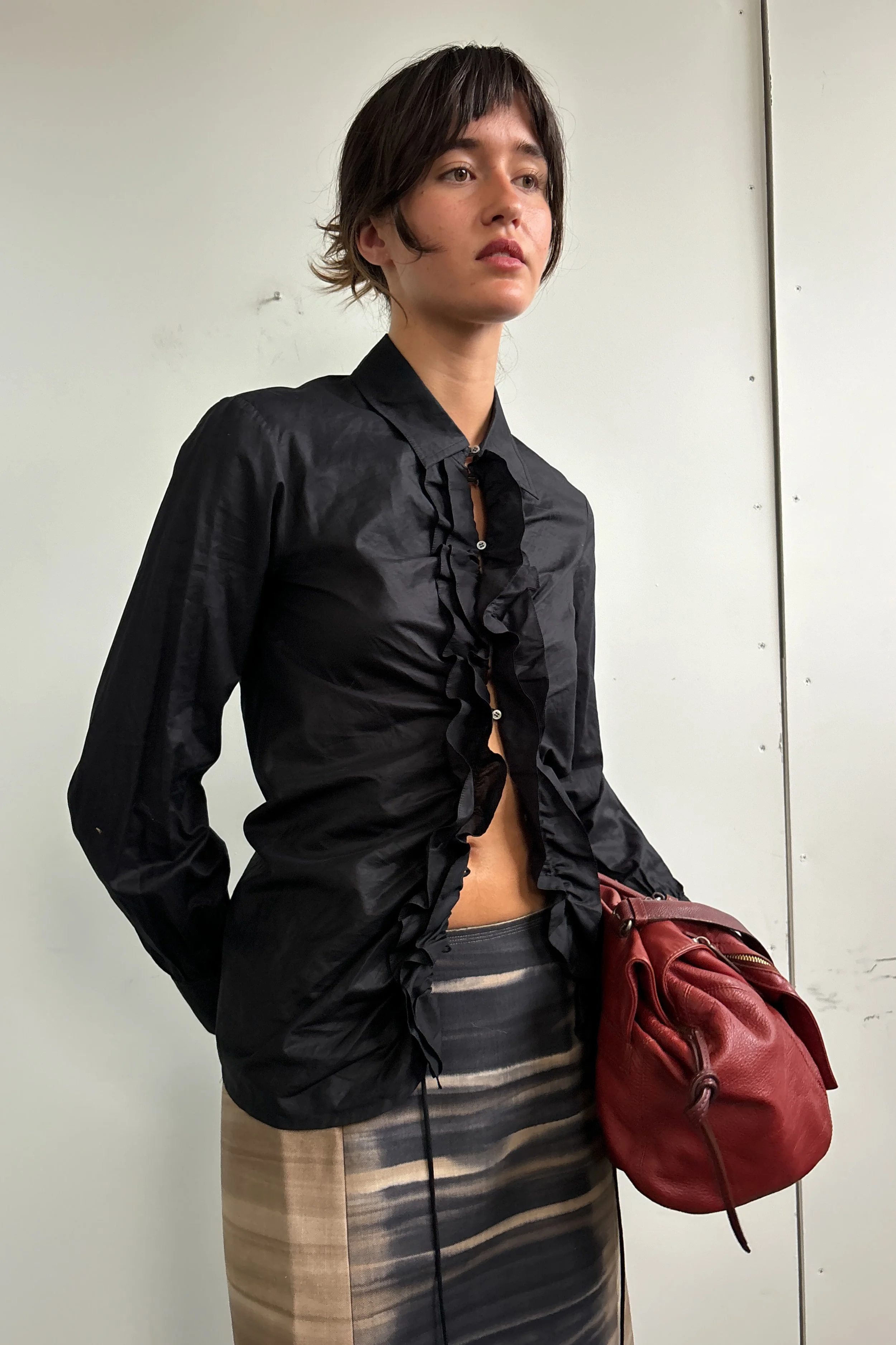 DKNY RUFFLE FRONT LONG SLEEVE SHIRT