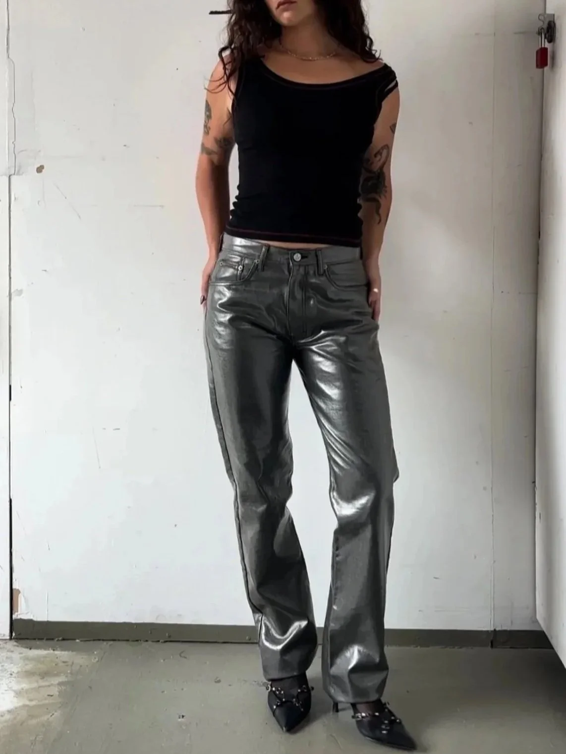 90'S CALVIN KLEIN SILVER COATED JEANS