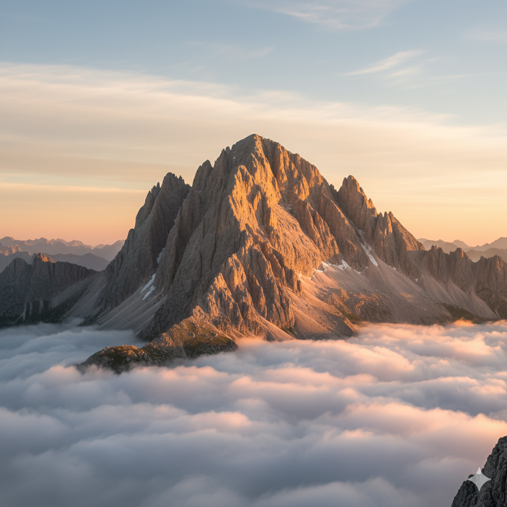 A majestic mountain peak illuminated by sunlight, with clouds surrounding its base during sunset or sunrise.