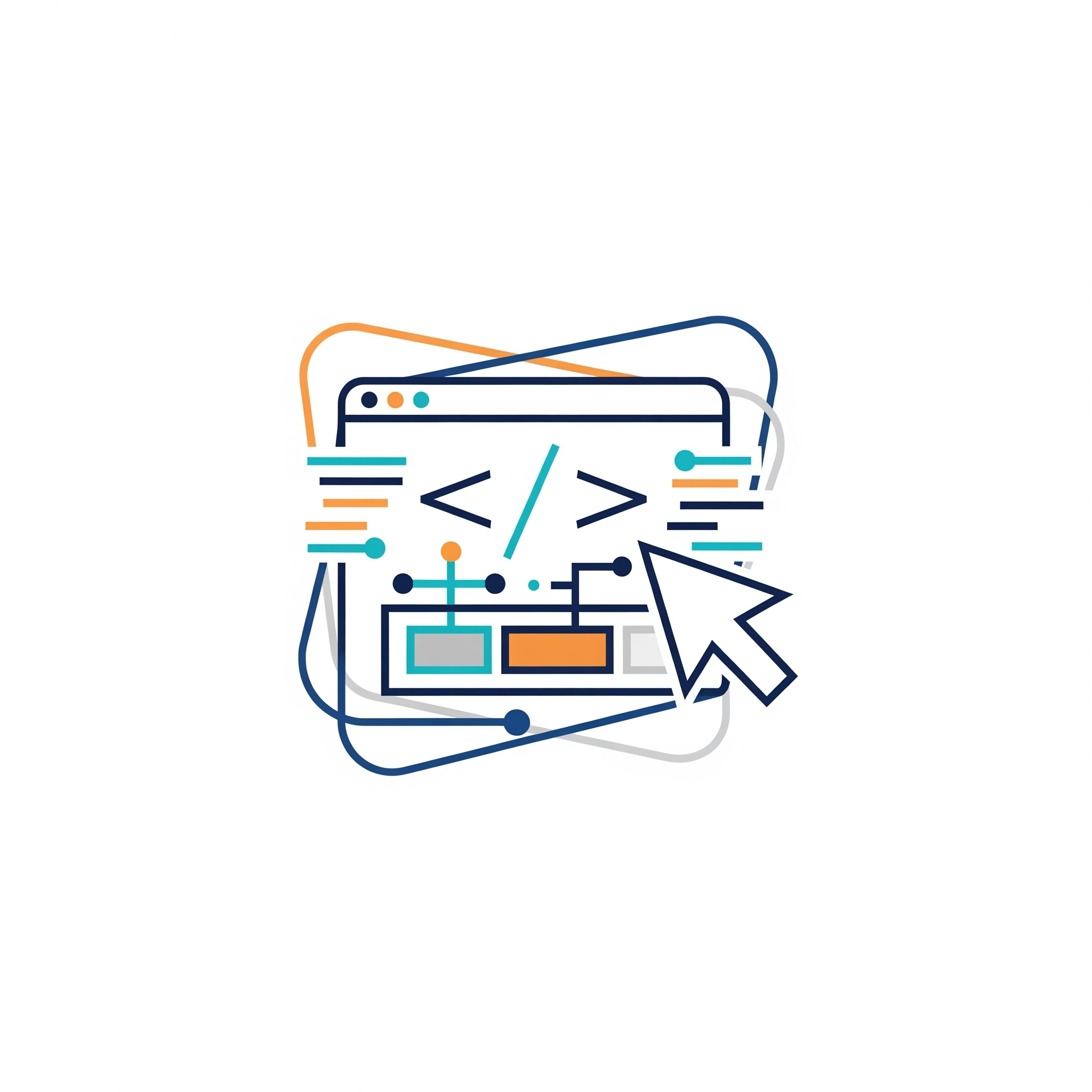 Illustration of web development: browser window with coding symbols, flowchart, cursor, and connected lines in a modern flat design.
