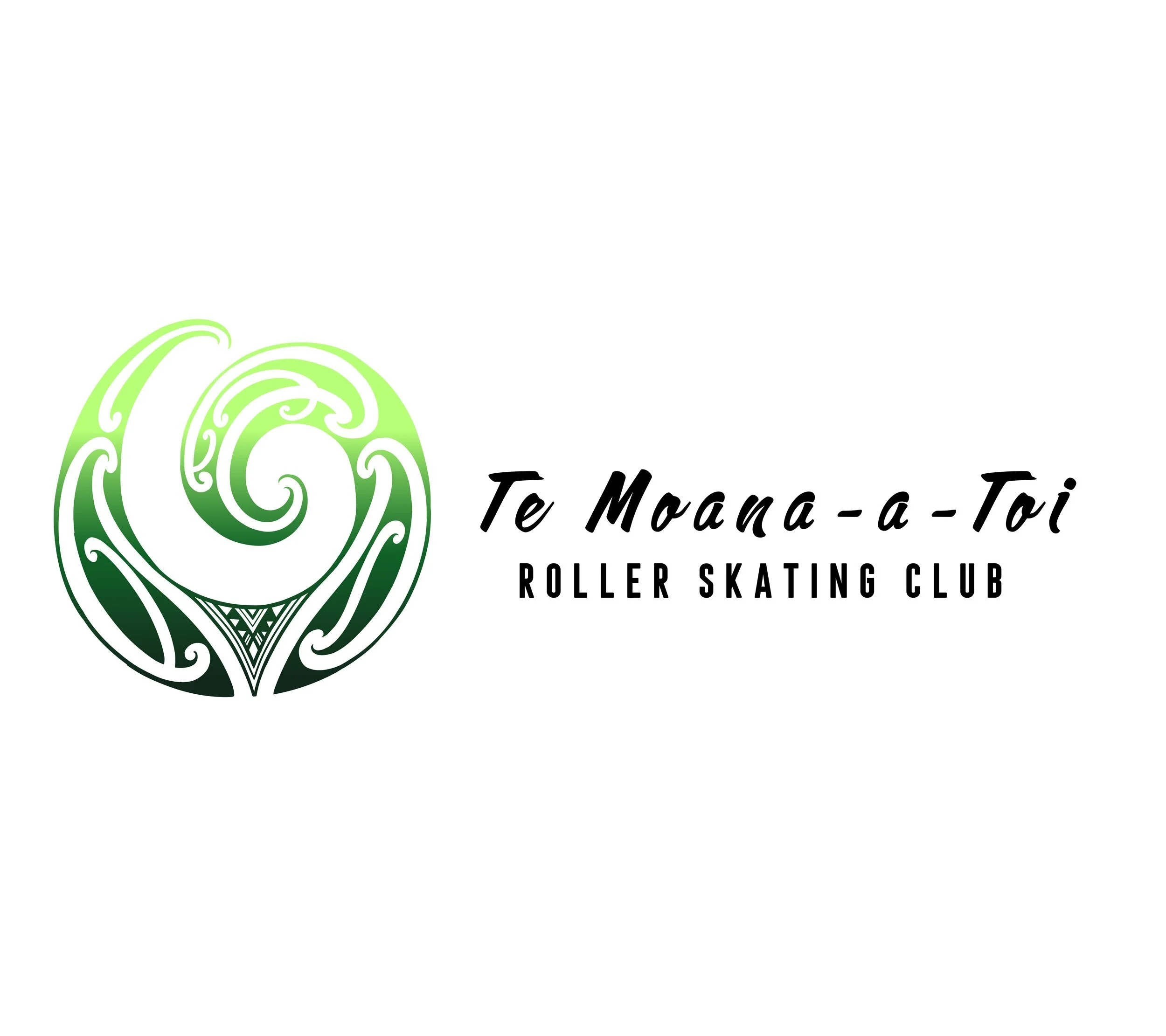 Koru Shape going from deep green to light green with white moari designs on the korou with text on the right hand side saying te-moana-a-toi rollerskating club