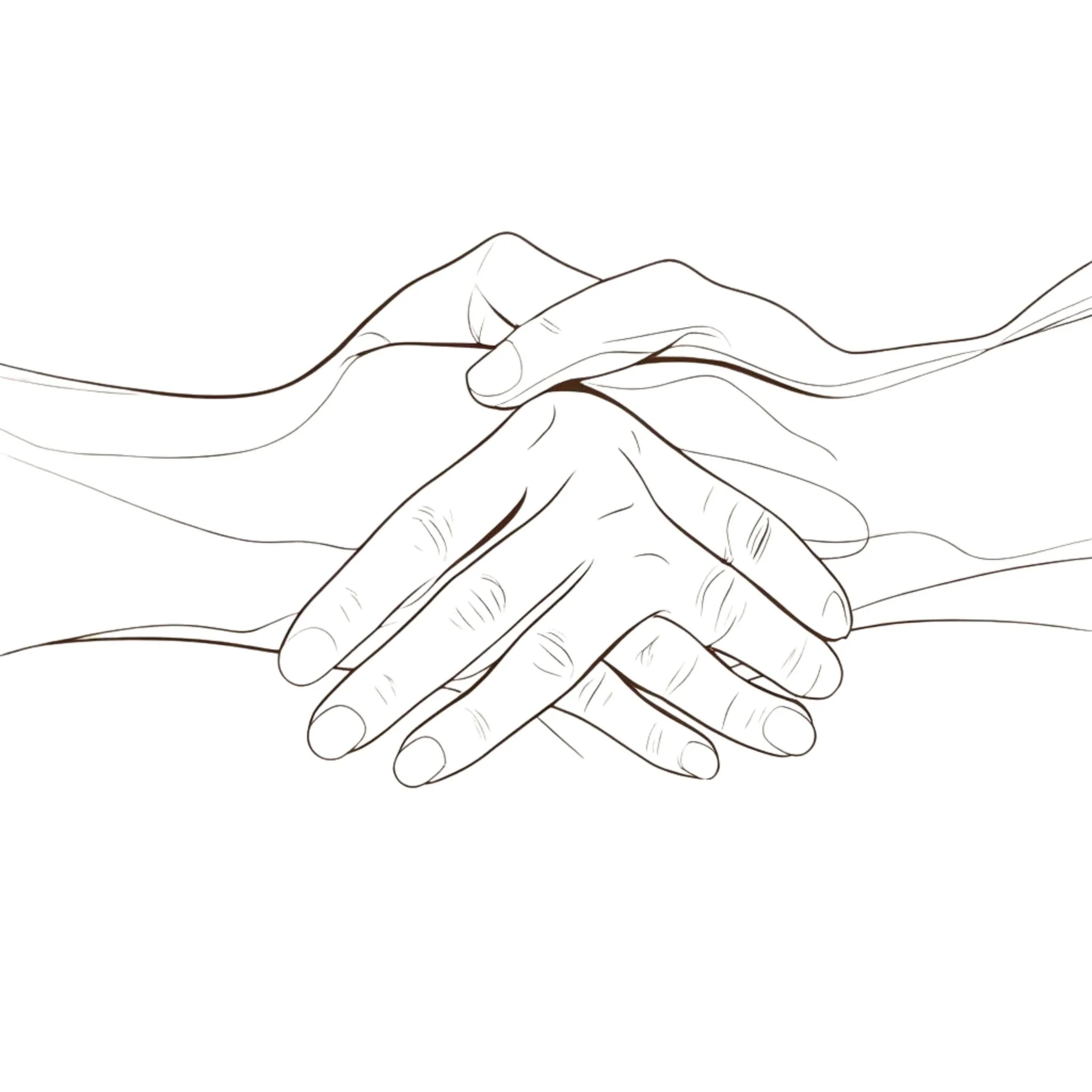 Line drawing of two hands gently clasped together.