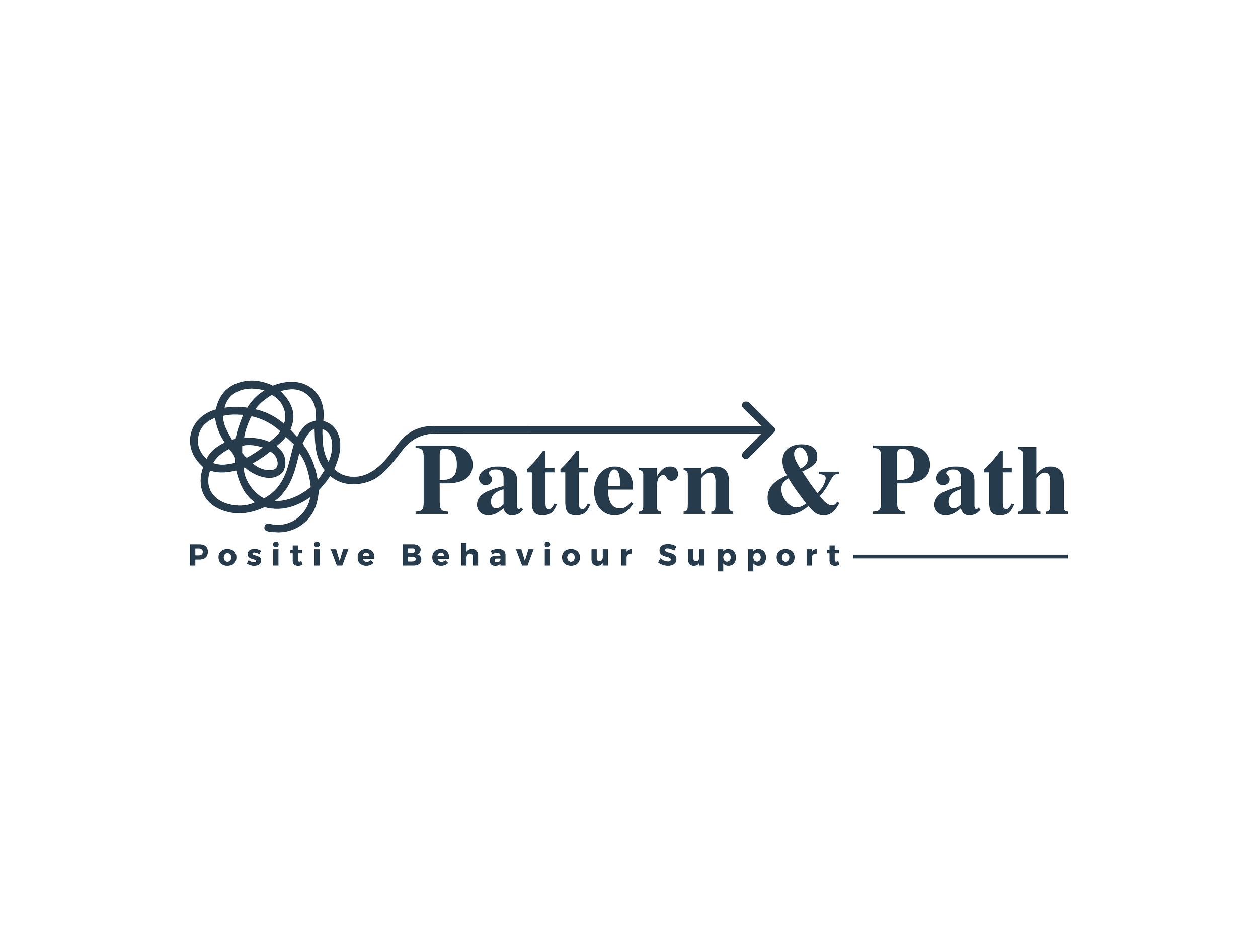 Logo for Pattern & Path with a tangled knot on the left, an arrow pointing to the right, and the text 'Pattern & Path' and 'Positive Behaviour Support' beneath.