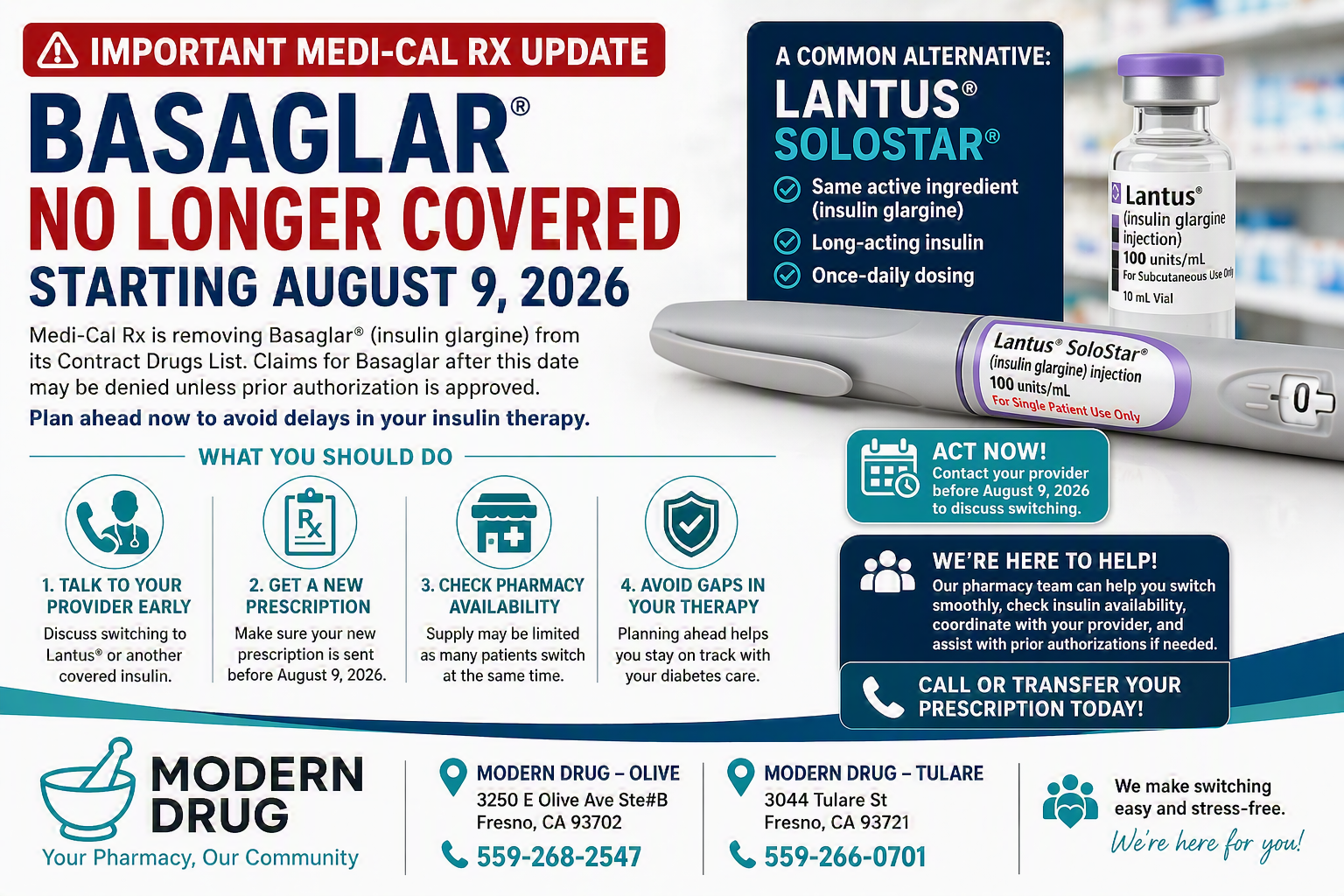 Basaglar No Longer Covered by Medi-Cal (2026): Lantus SoloStar Alternatives in Fresno