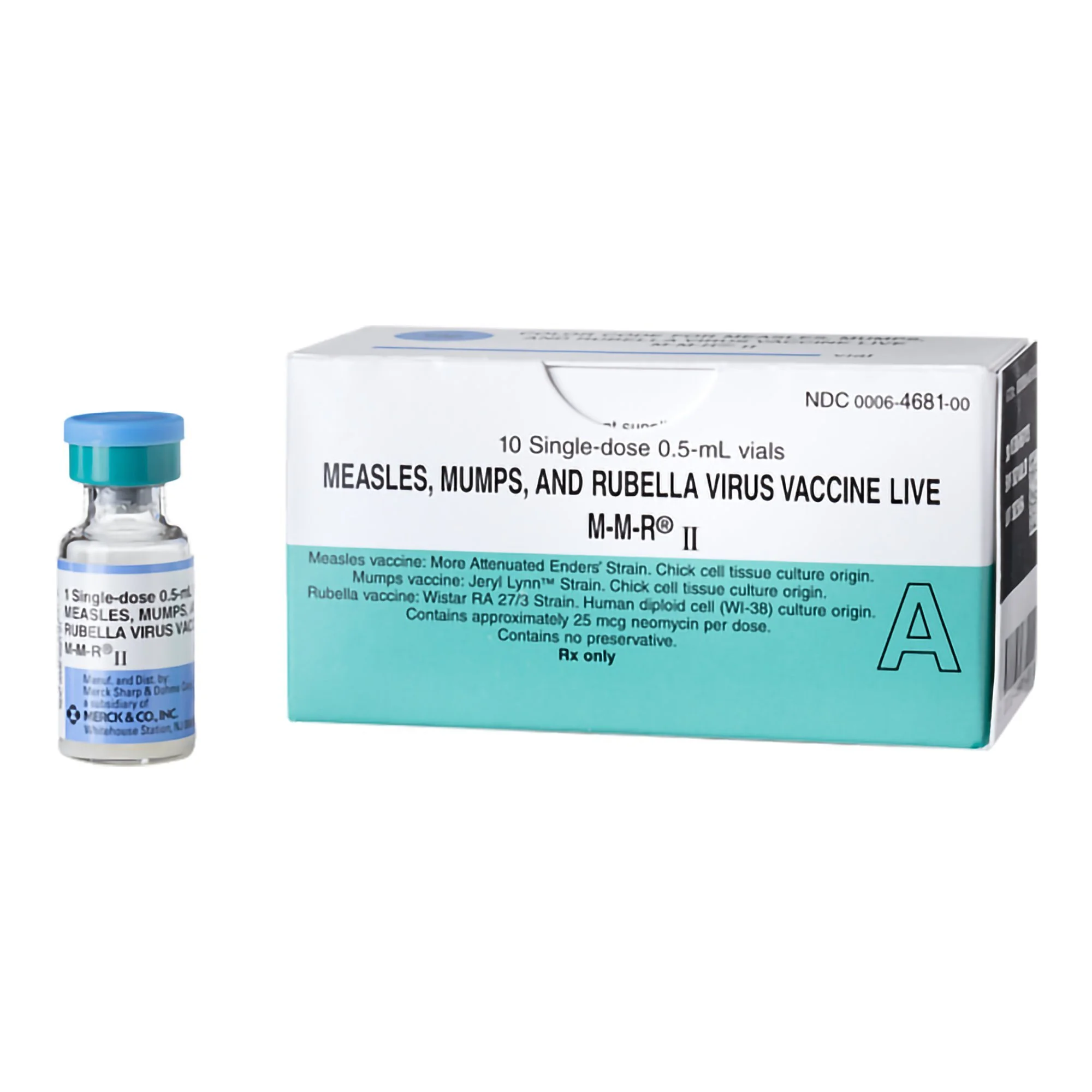 Vaccine vial labeled Measles, Mumps, and Rubella Virus Vaccine Live along with its packaging box displaying the same information.