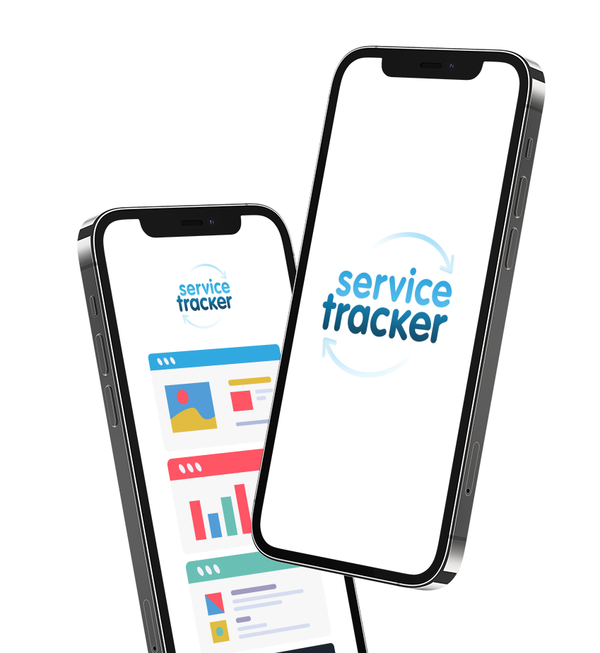 Two smartphones displaying a service tracker app with colorful charts and icons on one screen and the app's logo on the other.