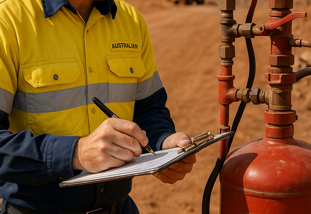 A man carrying our maintenance on fire suppression equipment in Western Austrsalia. Wearing a yellow and navy uniform writing in a clipboard next to industrial pipes and a red tank.