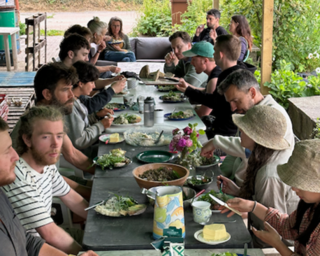 Group of people gathered around a long outdoor table, having a meal with various dishes and drinks during daytime.