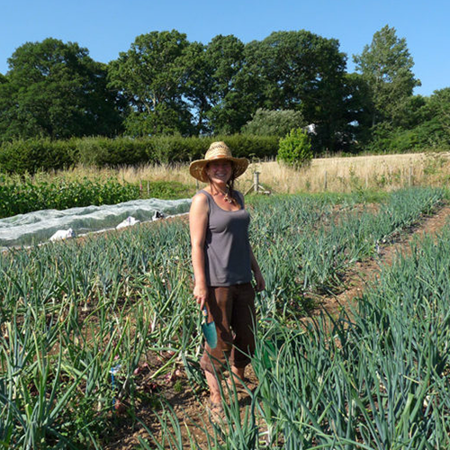 Woman in a straw hat standing in a vegetable garden with green plants and trees in the background on a sunny day.