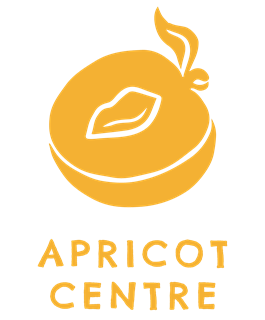 Logo of Apricot Centre featuring a stylized apricot with a leaf and a flame-like detail, in orange and black.