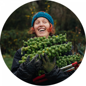 A smiling woman in a blue knit hat and gloves holding a large bunch of green Brussels sprouts outdoors.