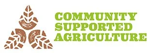 Logo with a brown plant symbol above the words 'Community Supported Agriculture' in green text