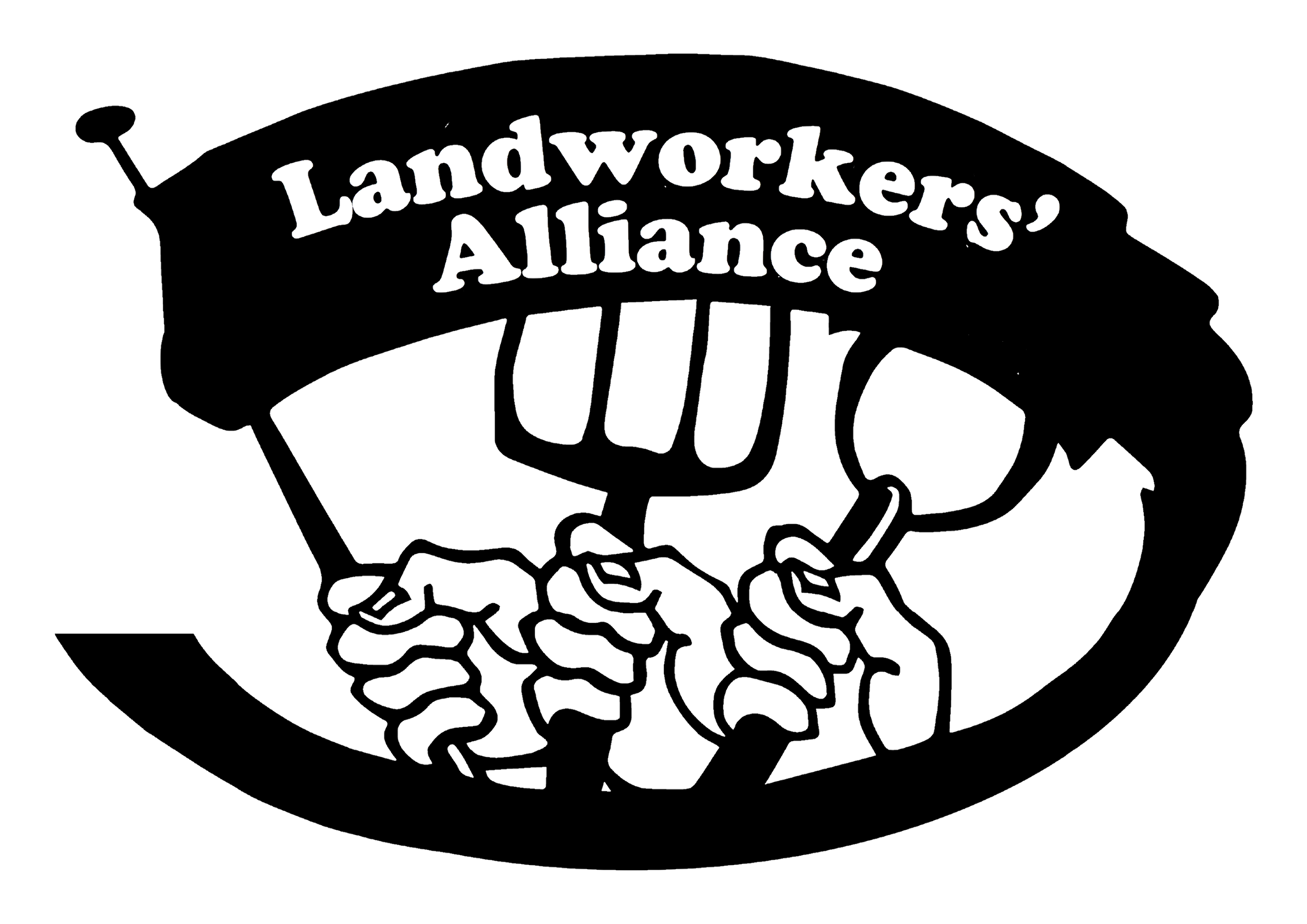 Line drawing of a logo with the words 'Landworkers' Alliance' curved over a handshake illustration.