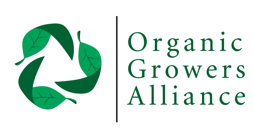 Logo of the Organic Growers Alliance featuring a stylized recycling symbol made of green leaves and the organization's name in green text.