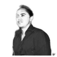 A young man with dark hair and wearing a dark shirt, standing or seated against a plain background.