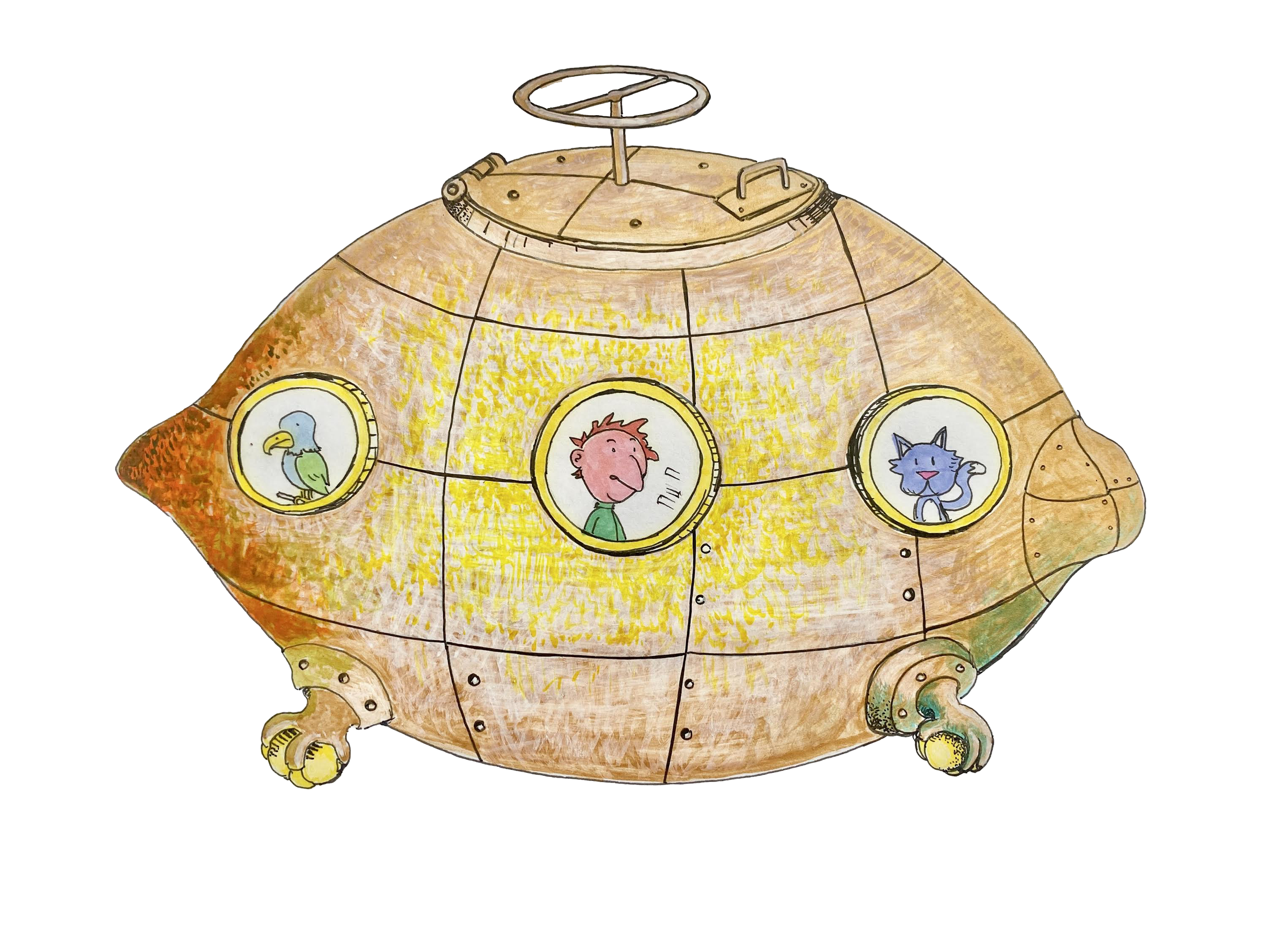 A children's drawing of a spherical spaceship with three circular windows, each showing a cartoon animal or person, including a bird, a person, and a cat, on a black background.