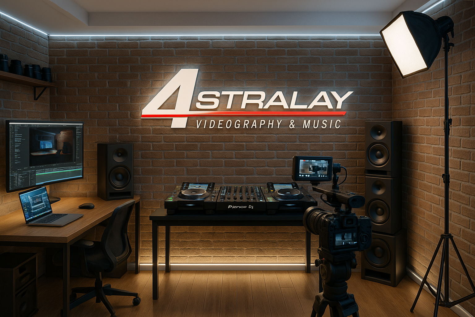 A photography and music studio with brick walls, professional lighting, DJ equipment on a table, a computer with an editing program, a camera on a tripod, and a large speaker, with a sign reading 'Astralay Videography & Music' on the wall.