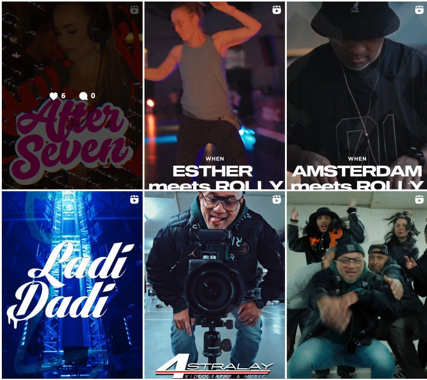 Six images arranged in a grid. Top left: stylized text 'After Seven' with a woman DJ. Top middle: woman dancing in a club. Top right: man with a hat and headphones in a dark setting. Bottom left: amusement park ride with the words 'Ladi Dadi.' Bottom middle: man with glasses and a camera taking a selfie. Bottom right: group of diverse people dancing and having fun.