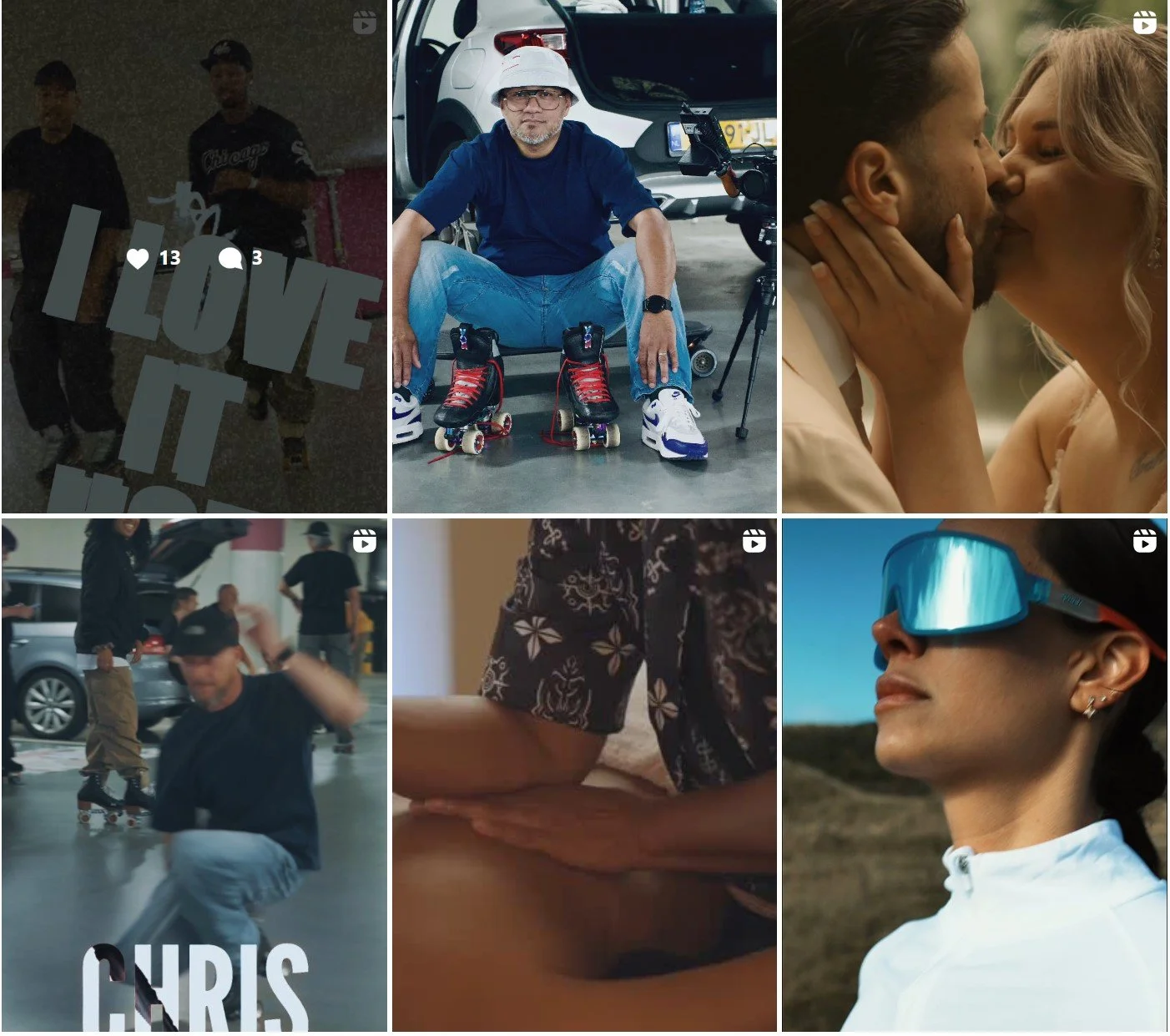 A collage of six images: top-left features a person holding a sign that says 'LOVE IT'; top-center shows a man in rollerblades sitting on the ground with a camera and a white car behind him; top-right captures a romantic moment of a couple kissing; bottom-left displays a person skating indoors with a blurred background and the name 'CHRIS' written in white; bottom-center shows a close-up of a person’s arm resting on a table; bottom-right features a woman outdoors wearing reflective sunglasses, a white jacket, and a scenic landscape in the background.
