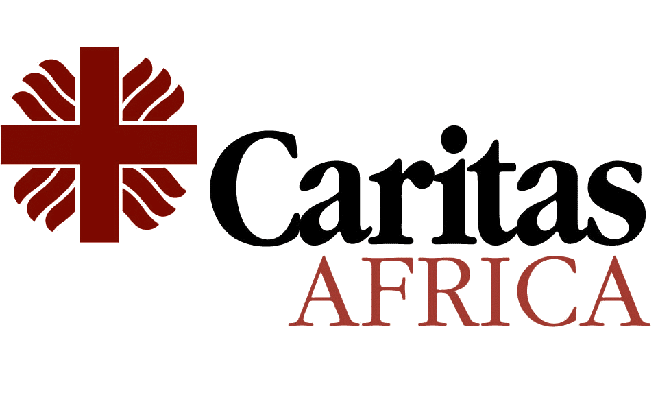 Logo with a red cross and a stylized black and red flower, with the words 'Cáritas Africa' in black and red text.