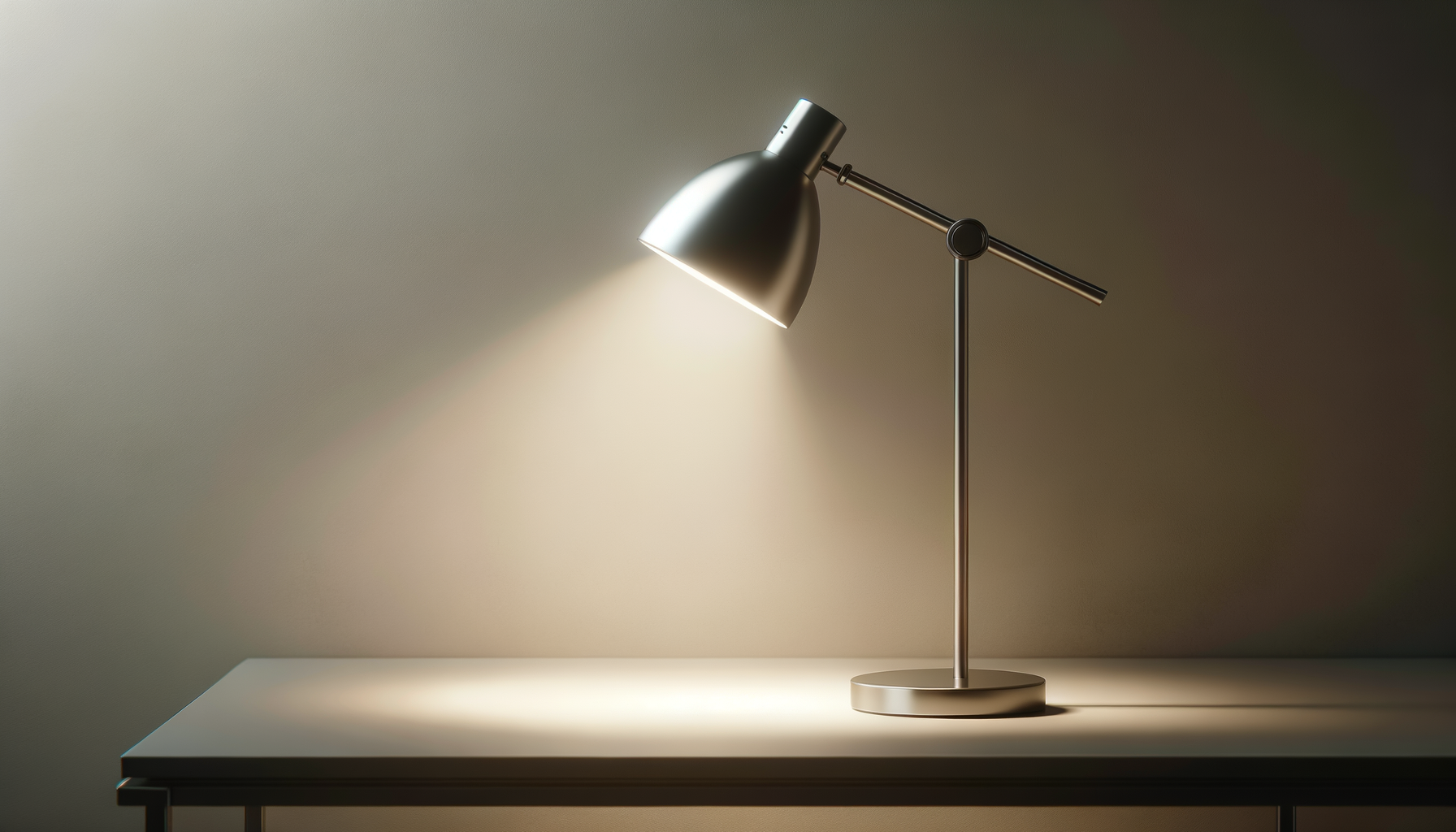 Modern metallic desk lamp turned on, casting light on a white table against a neutral wall.