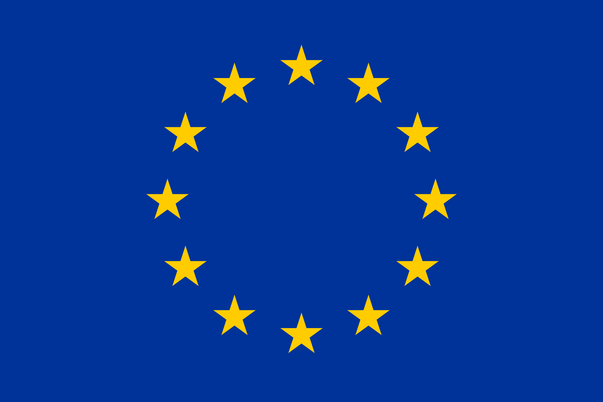 European Union flag with 12 yellow stars in a circle on a blue background.