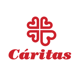 A red logo with four interlocking hearts forming a cross, with the word 'Cáritas' in red italicized font below.