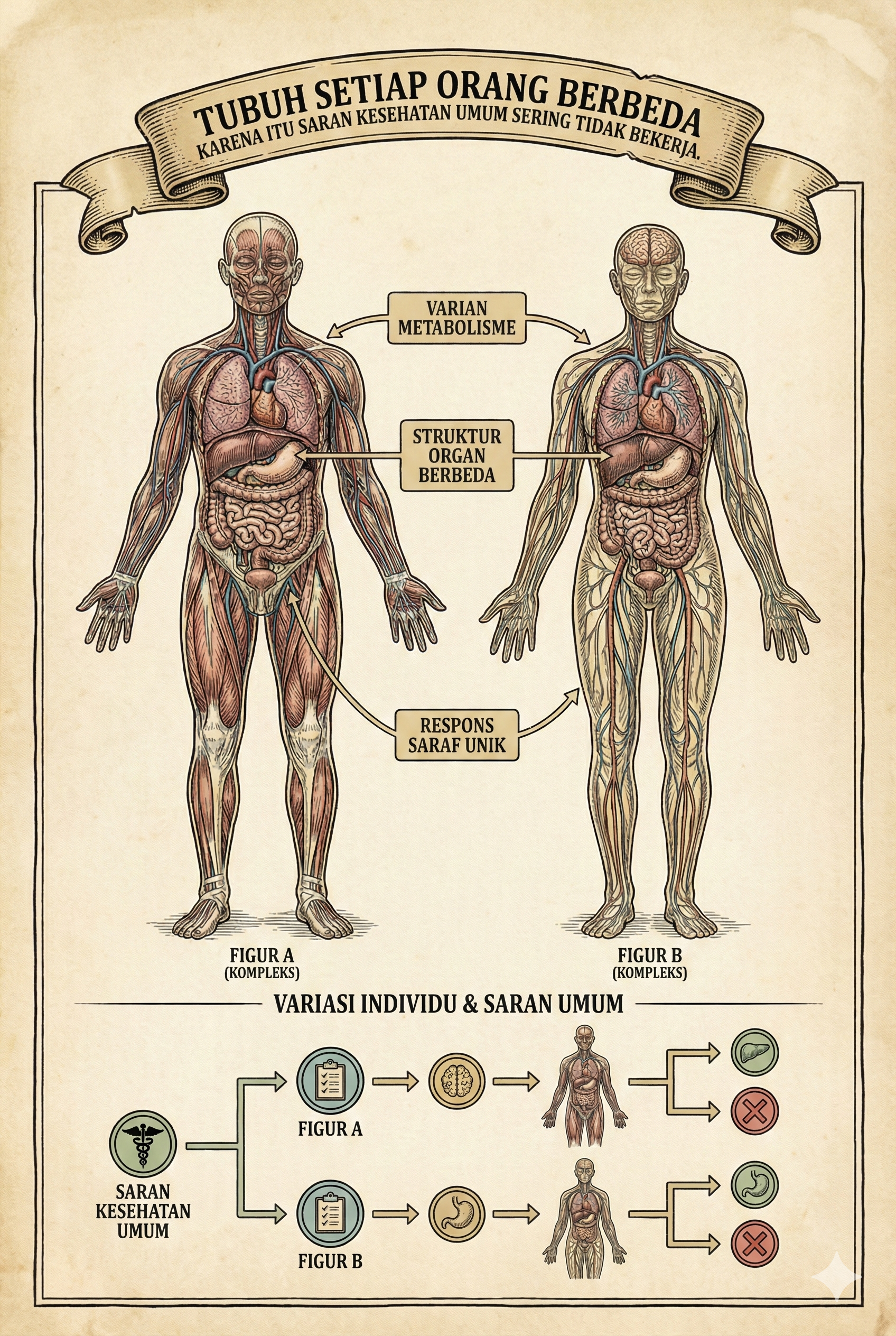 Diagram showing differences between two human bodies, labeled figure A and figure B, highlighting variations in metabolism, organ structure, and nerve responses. Notes on individual differences and general health advice at the bottom.