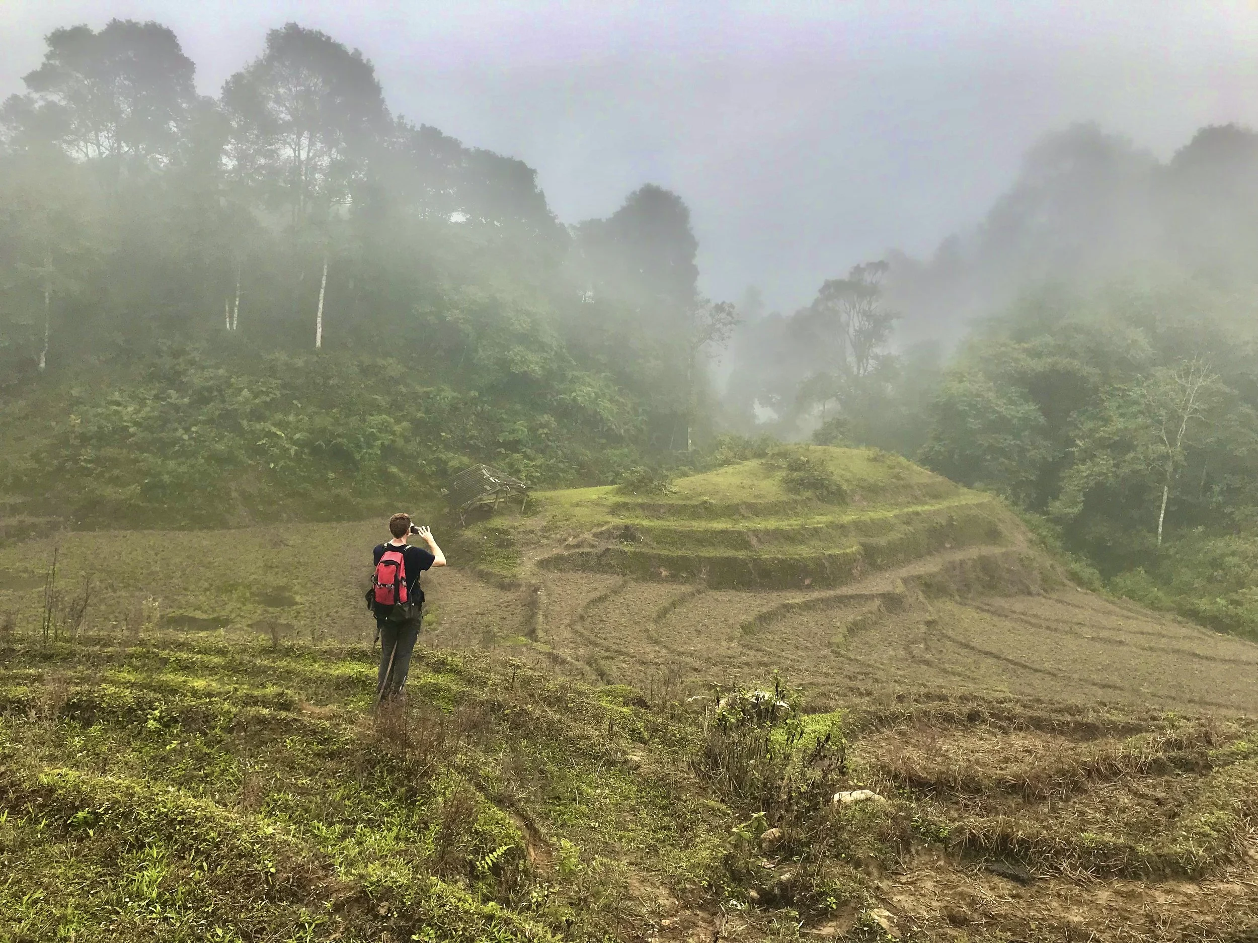 Misty mountain landscape with rice terraces in Sapa, northern Vietnam.