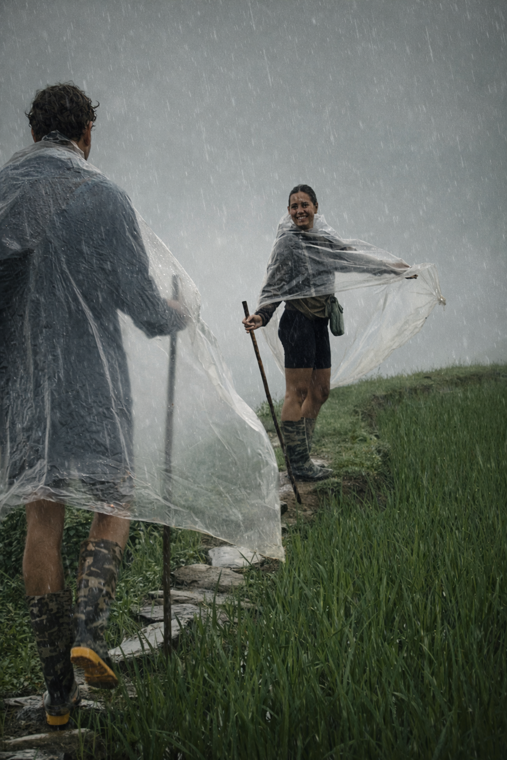 Two hikers in rain ponchos exploring the Sapa rice terraces during a rainstorm, walking along a narrow path beside green fields.