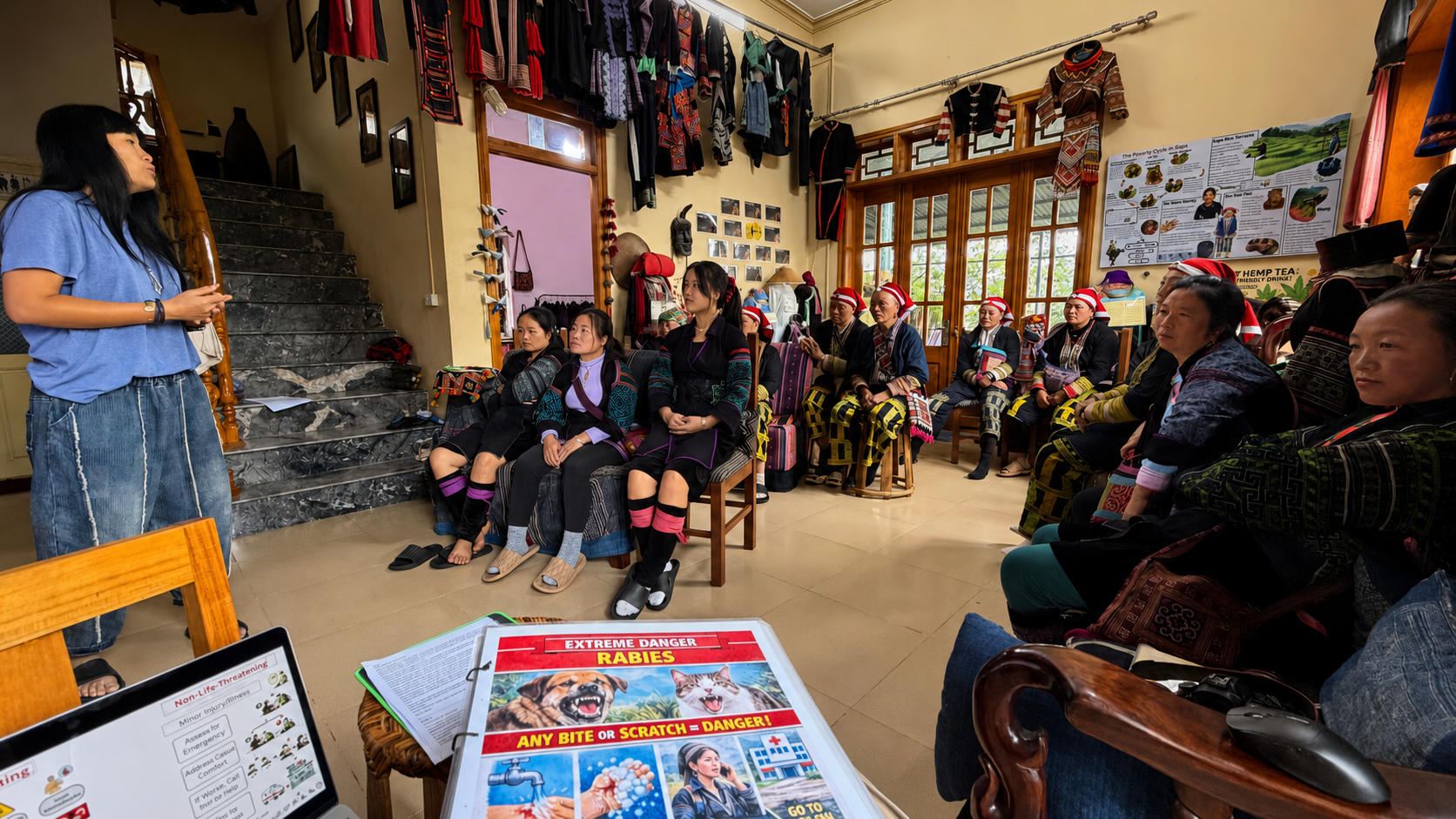 Community safety training with Hmong and Dao guides gathered at the ETHOS Community Centre in Sapa.