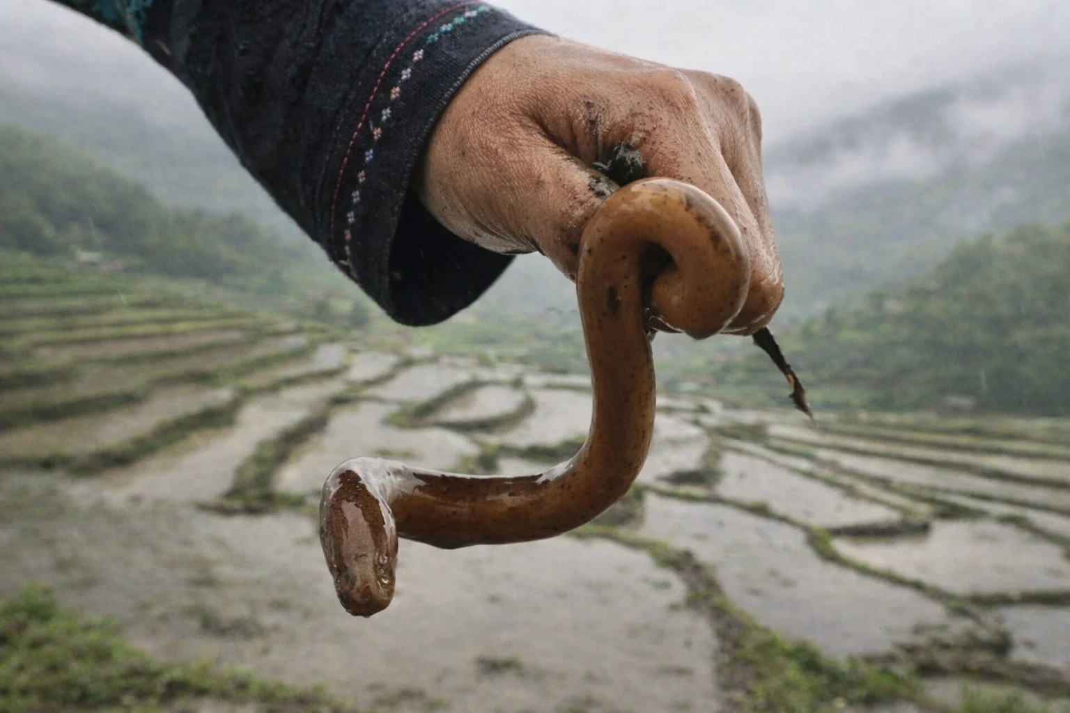 Close up local kid caught the eel in rice terraces.