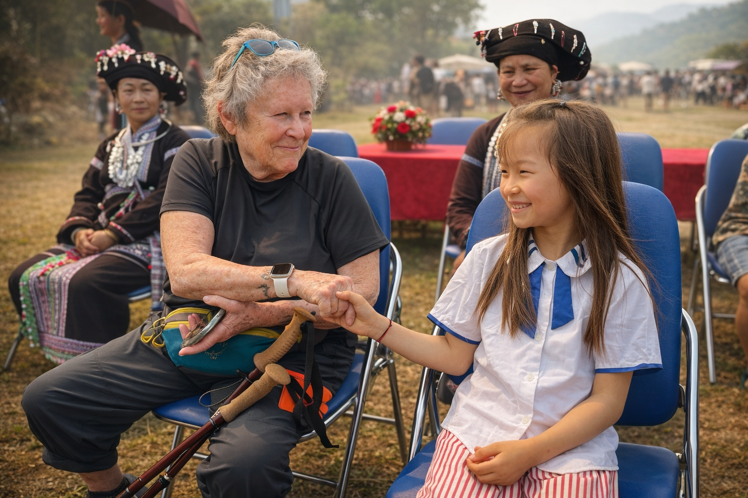 A traveller and a young Lao girl sharing a quiet moment of connection during the festival, seated together as women in traditional dress gather around them in Lai Châu.