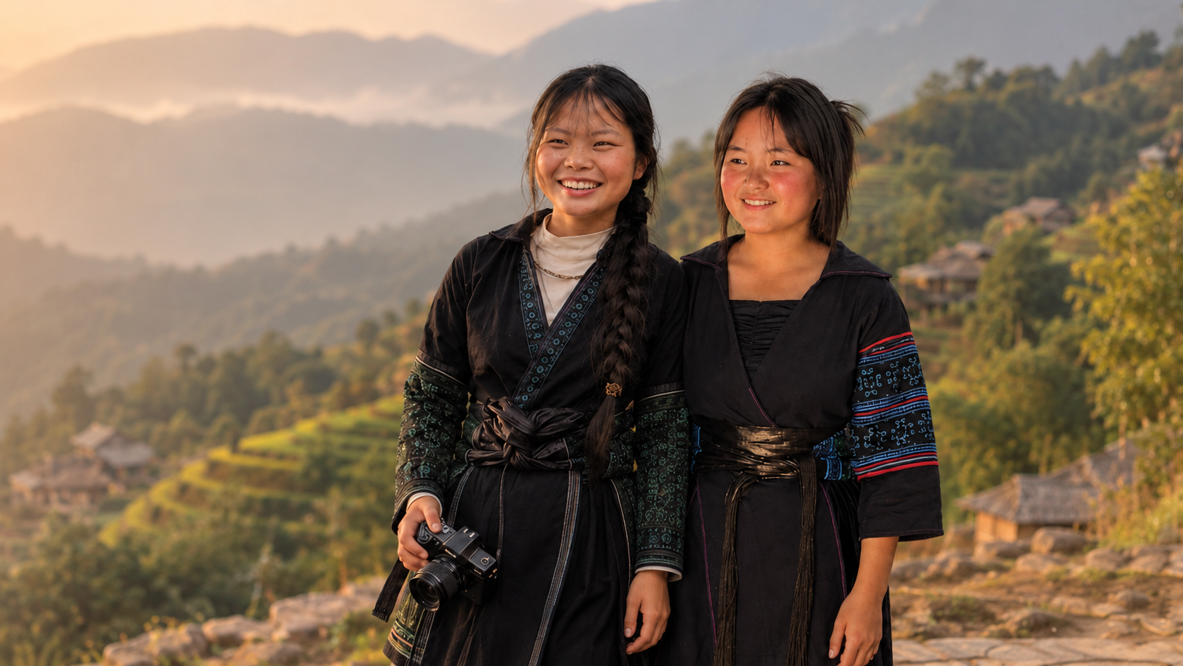 Two young girls in traditional black clothing, one holding a camera, smiling outdoors with mountains and houses in the background at sunset.