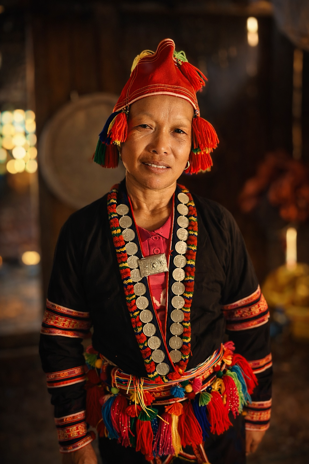 Portrait of a smiling woman wearing traditional ethnic clothing and decorative jewelry.