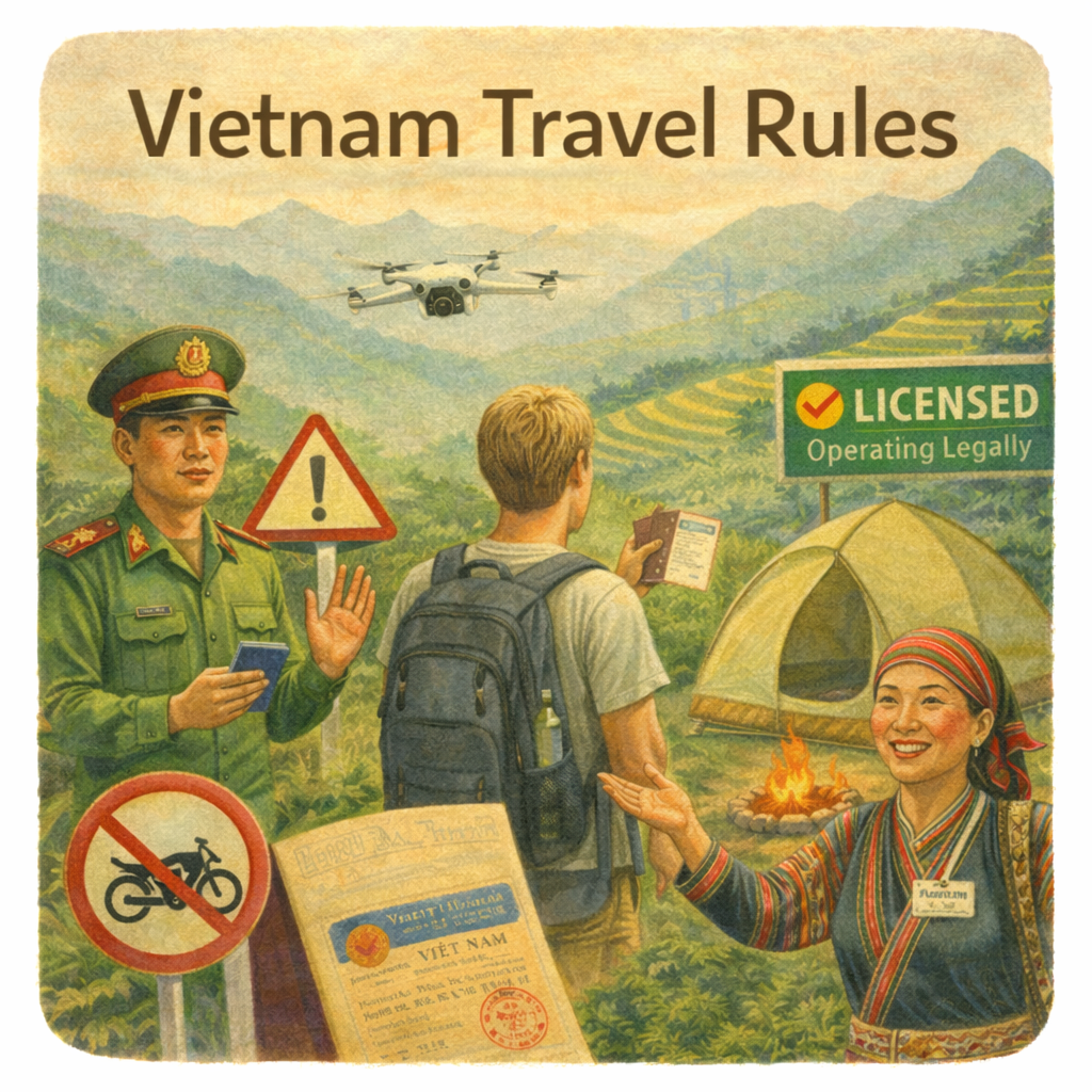 Illustration of Vietnam travel rules showing a police officer, a tourist with a backpack, a woman in traditional clothing, and signs indicating a licensed, legal operation, no motorcycles, and drone regulations, with a mountainous background, camping tent, and campfire.