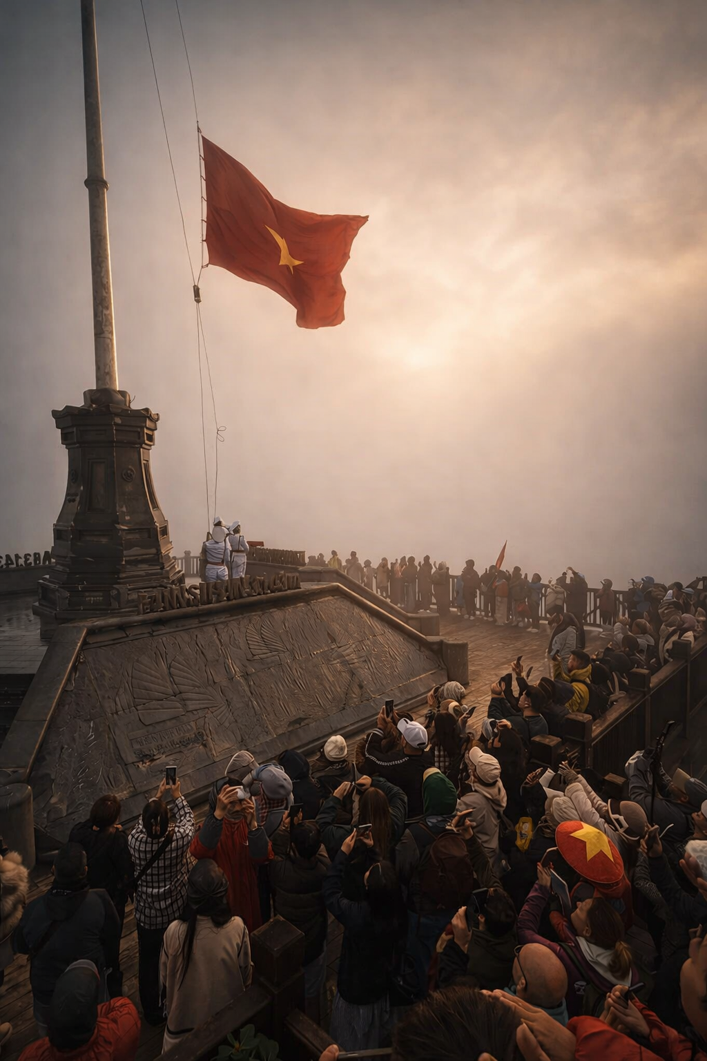 Crowds gathered at Fansipan summit viewing platform with Vietnamese flag overlooking mountains in Sapa