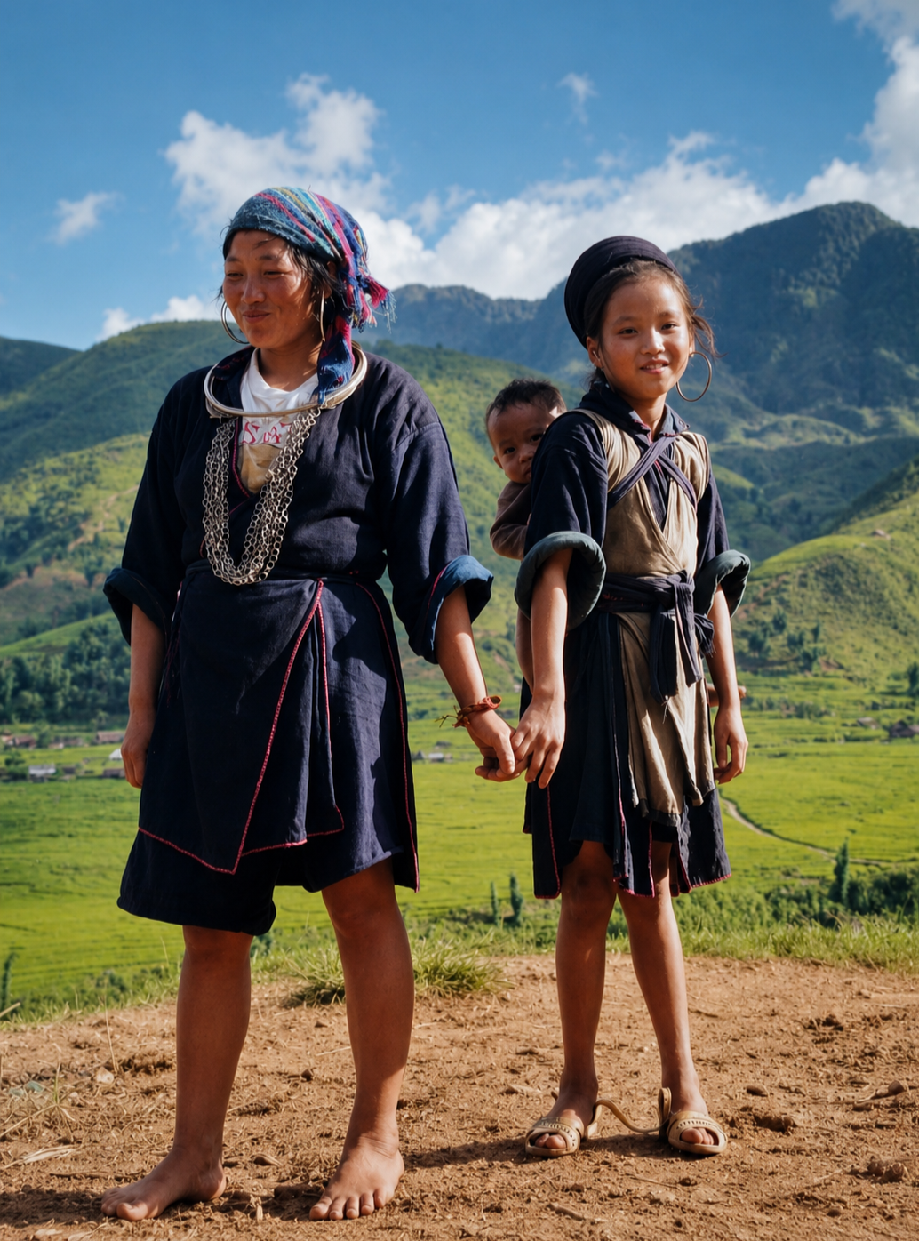 Hmong mother and daughter standing barefoot in a mountain village near Sapa, Vietnam, in 1998.