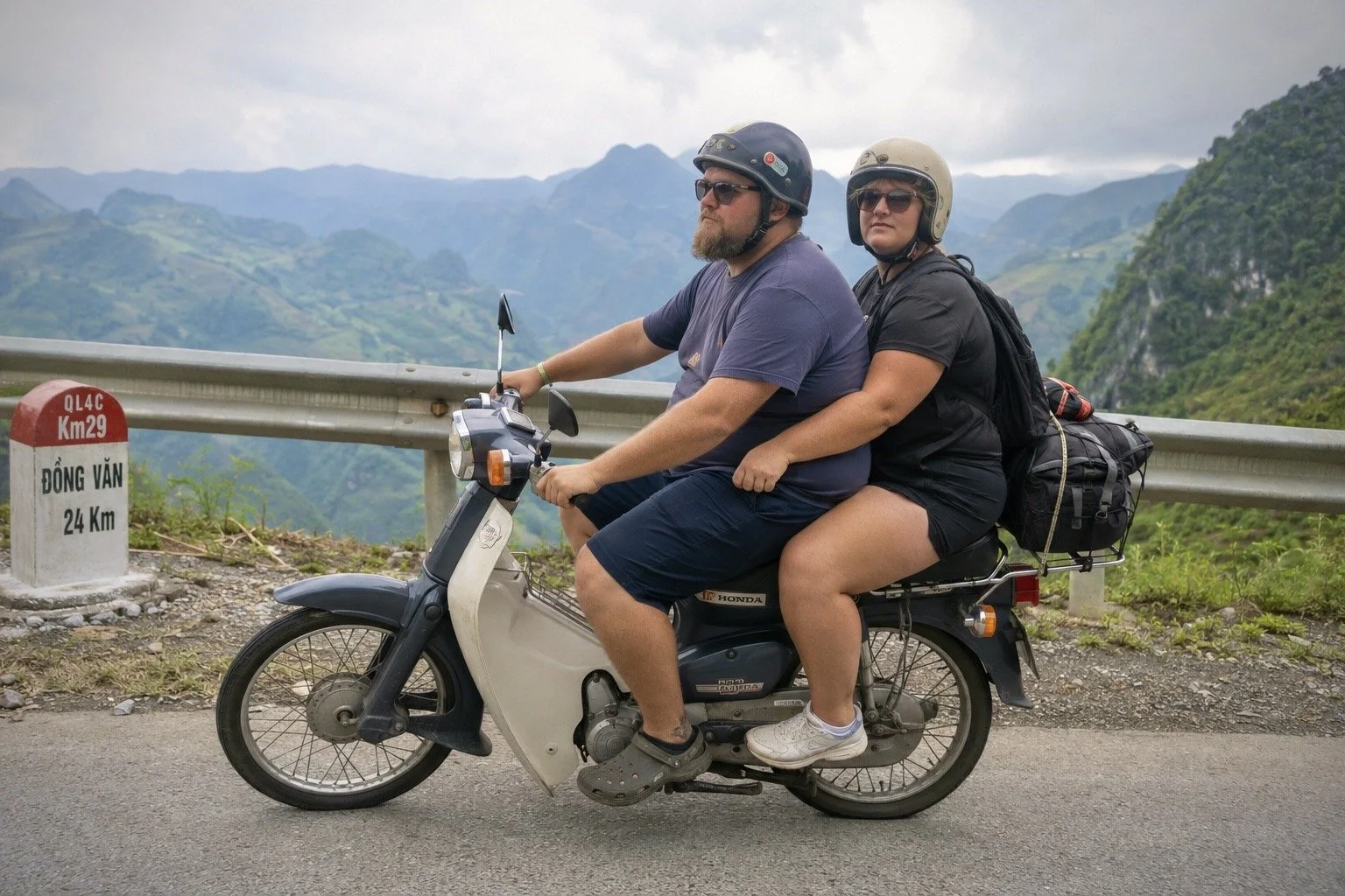 Riders attempting the Ha Giang Loop on an undepowered Honda Cub 50cc