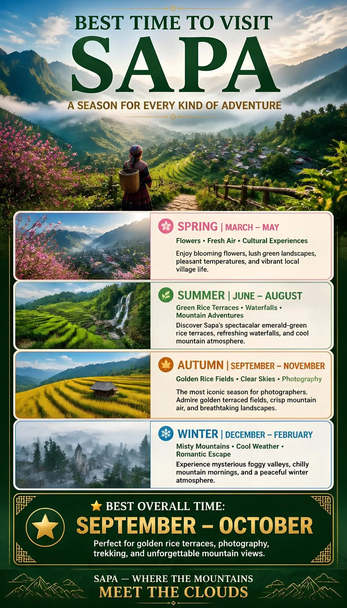 AI-generated “Best Time to Visit Sapa” infographic containing misleading seasonal information, including claims that September to November is the golden rice season and that September to October is the best overall time for golden rice terraces.