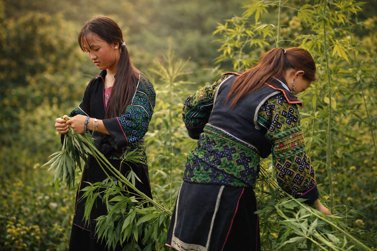 Young Black Hmong woman harvesting hemp for traditional textile production near Sa Pa, northern Vietnam.