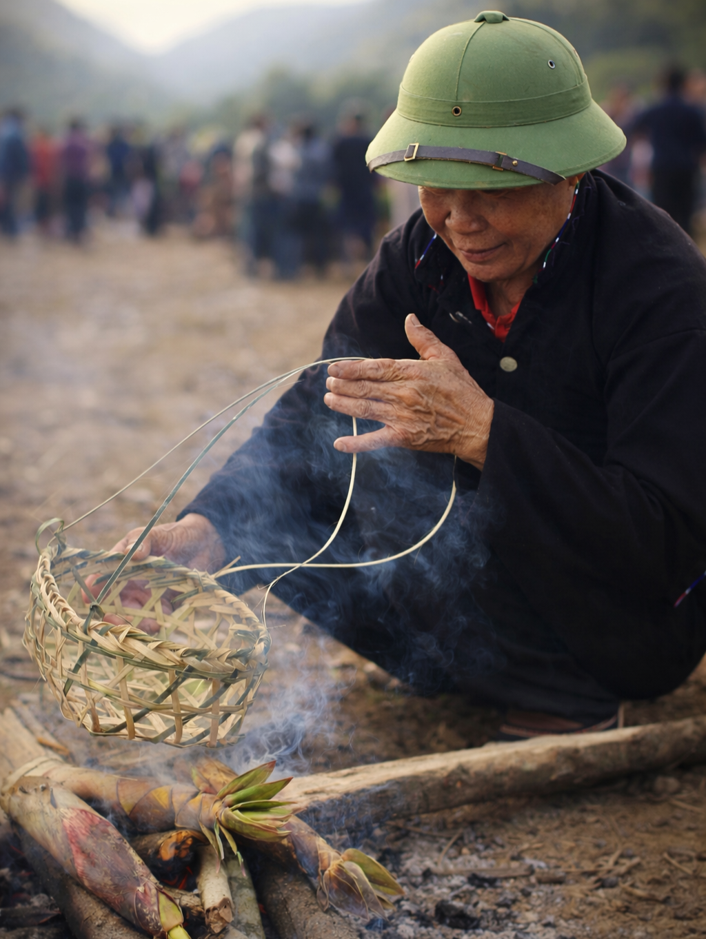 A Lao man working on his newly woven basket over an open fire using a woven basket, smoke rising around him as traditional practices continue during the festival in Lai Châu.