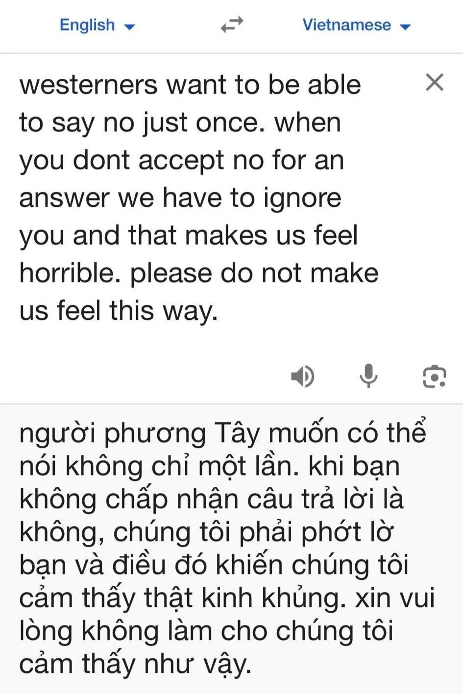 Google Translate message telling a Sa Pa street seller that Western visitors want their first refusal to be accepted.