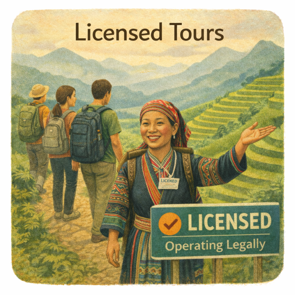 A group of four hikers, two men and two women, stands on a trail overlooking lush green terraced fields and mountains. A smiling woman in traditional attire with a headscarf holds a sign that reads 'LICENSED Operating Legally.' The background features distant mountains and a sky with warm colors. The scene promotes licensed tours and legal operation.