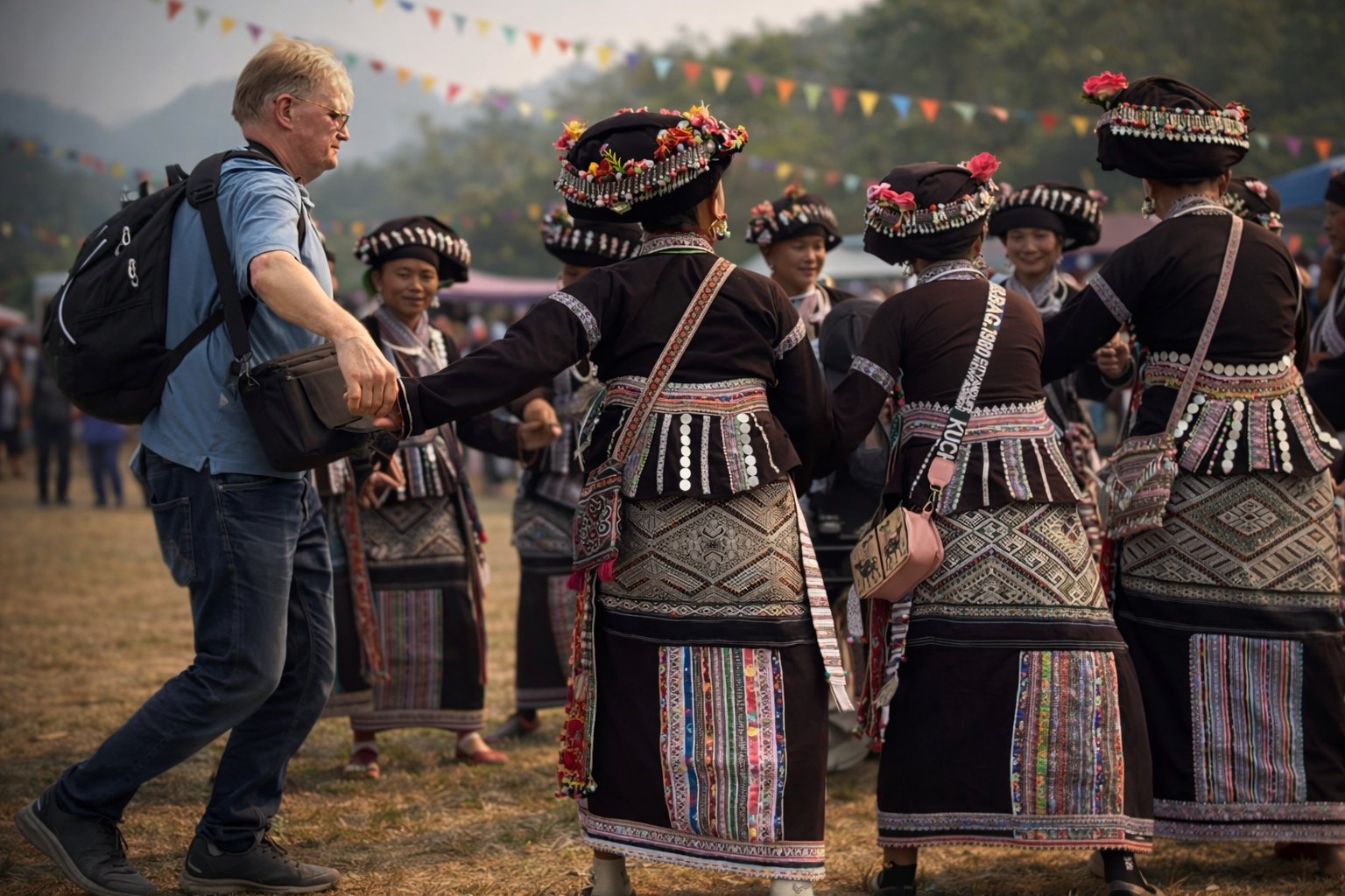 A traveller joining Lao women in traditional dress as they dance in a circle during Bun Vốc Nặm, sharing movement, laughter, and cultural exchange in the highlands.